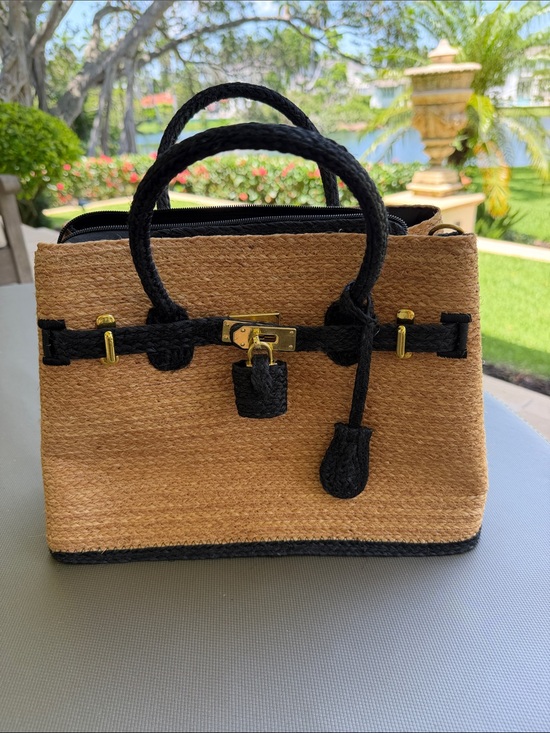 Handbags - Woven Straw Birkin Style Purse with Navy Trim/Accents and Gold tone hardware.